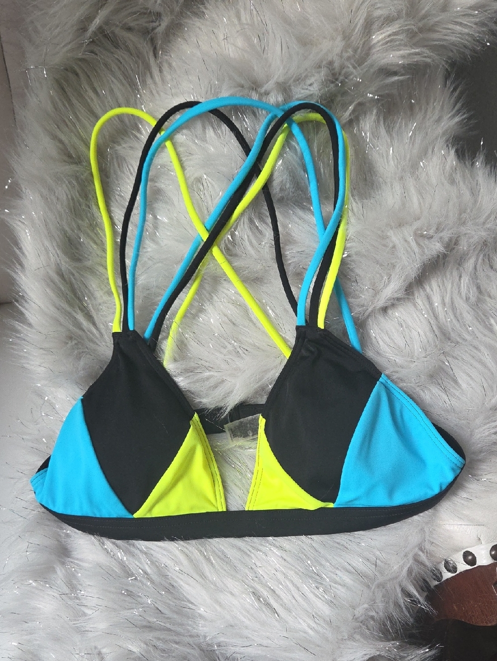 PINK Victoria's Secret Blue, Neon Yellow & Black Strappy Bikini Top